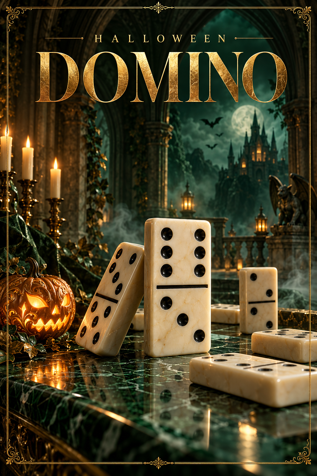 Poster Domino dengan keping domino bernuansa hijau gelap dan emas
