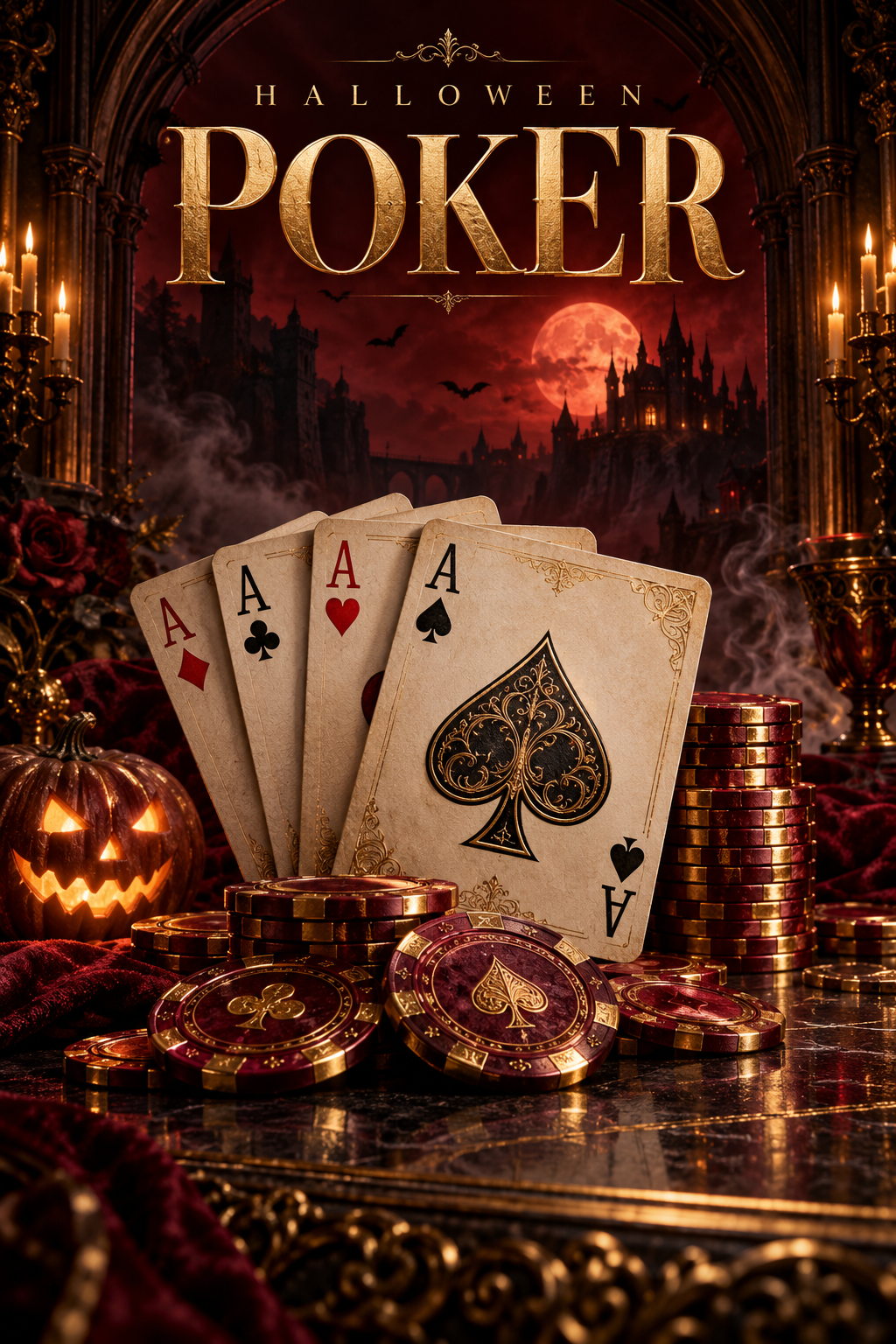 Poster Poker dengan kartu dan chip bernuansa emas serta merah gelap