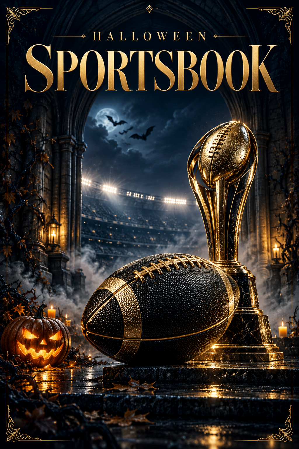 Poster Sportsbook dengan bola dan piala bernuansa biru gelap serta emas